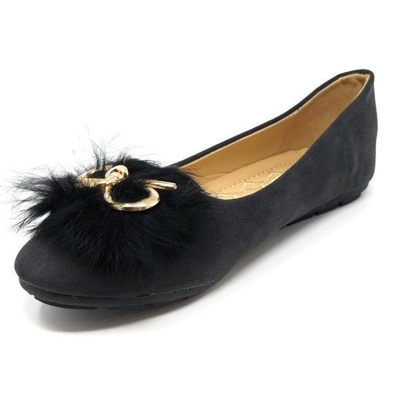 Feather Embellished Bow Flats, B-2641, Black - Picture 2 of 6